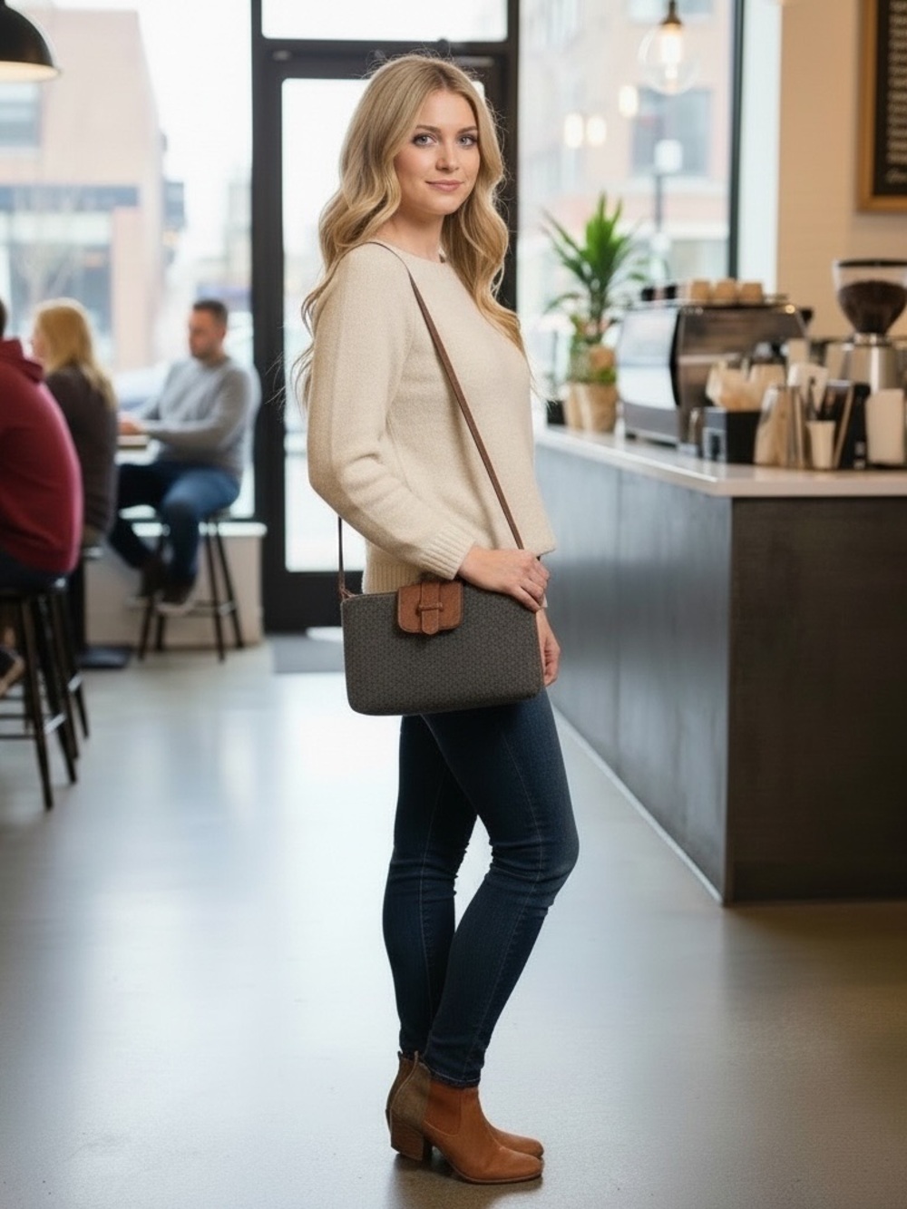 Coco and Carmen Crossbody Shoulder Bag in Gray with Tan Trim